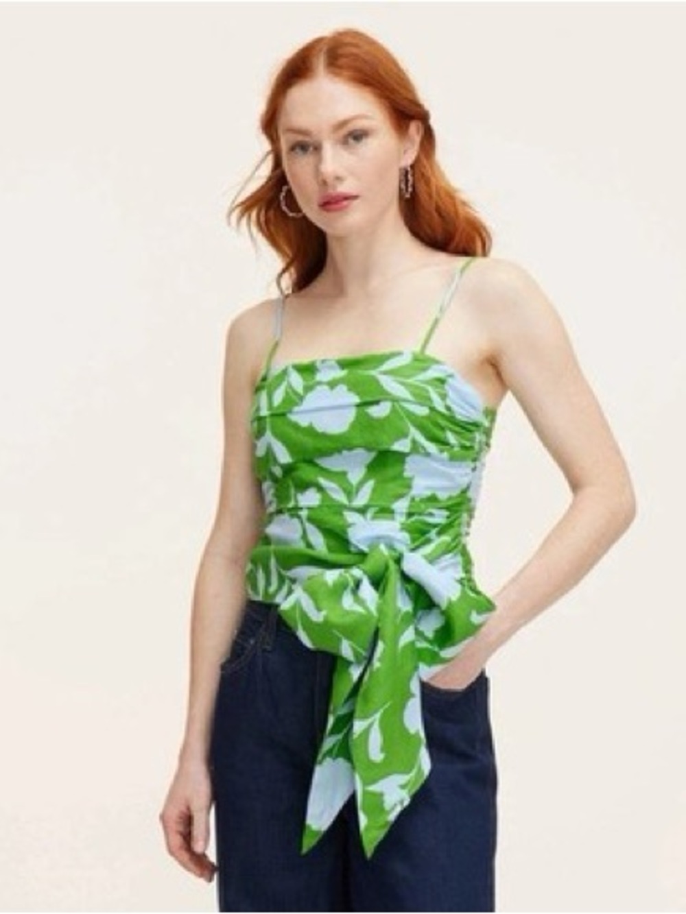 Kate Spade New York Floral Linen Blend Crop Top Green & Pale Blue Tie XL